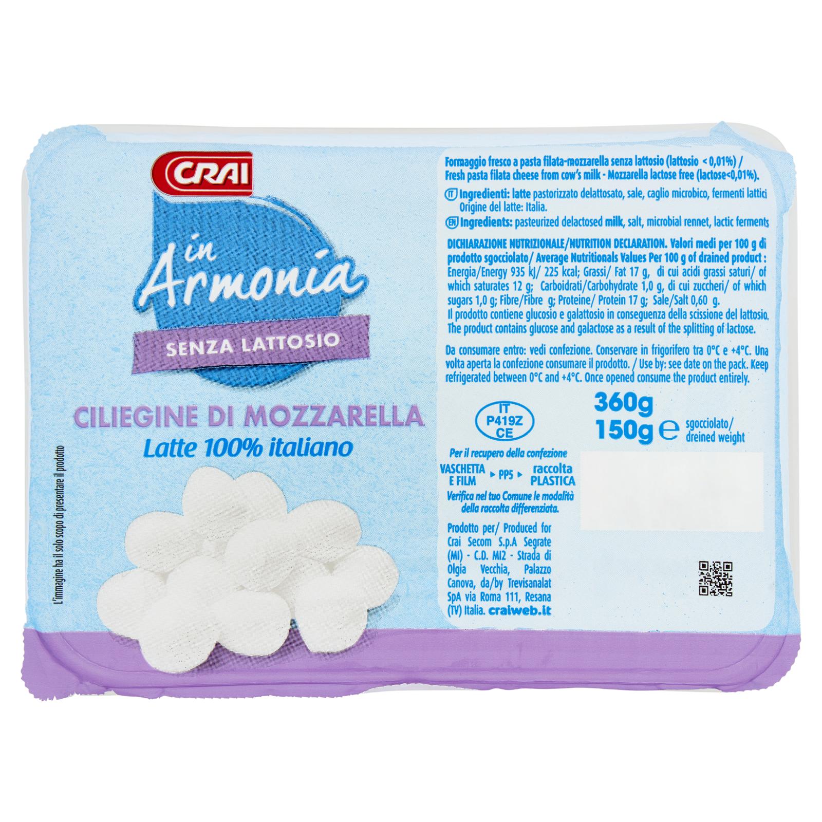 Crai In Armonia Ciliegine di Mozzarella Fior di Latte Senza Lattosio 150g