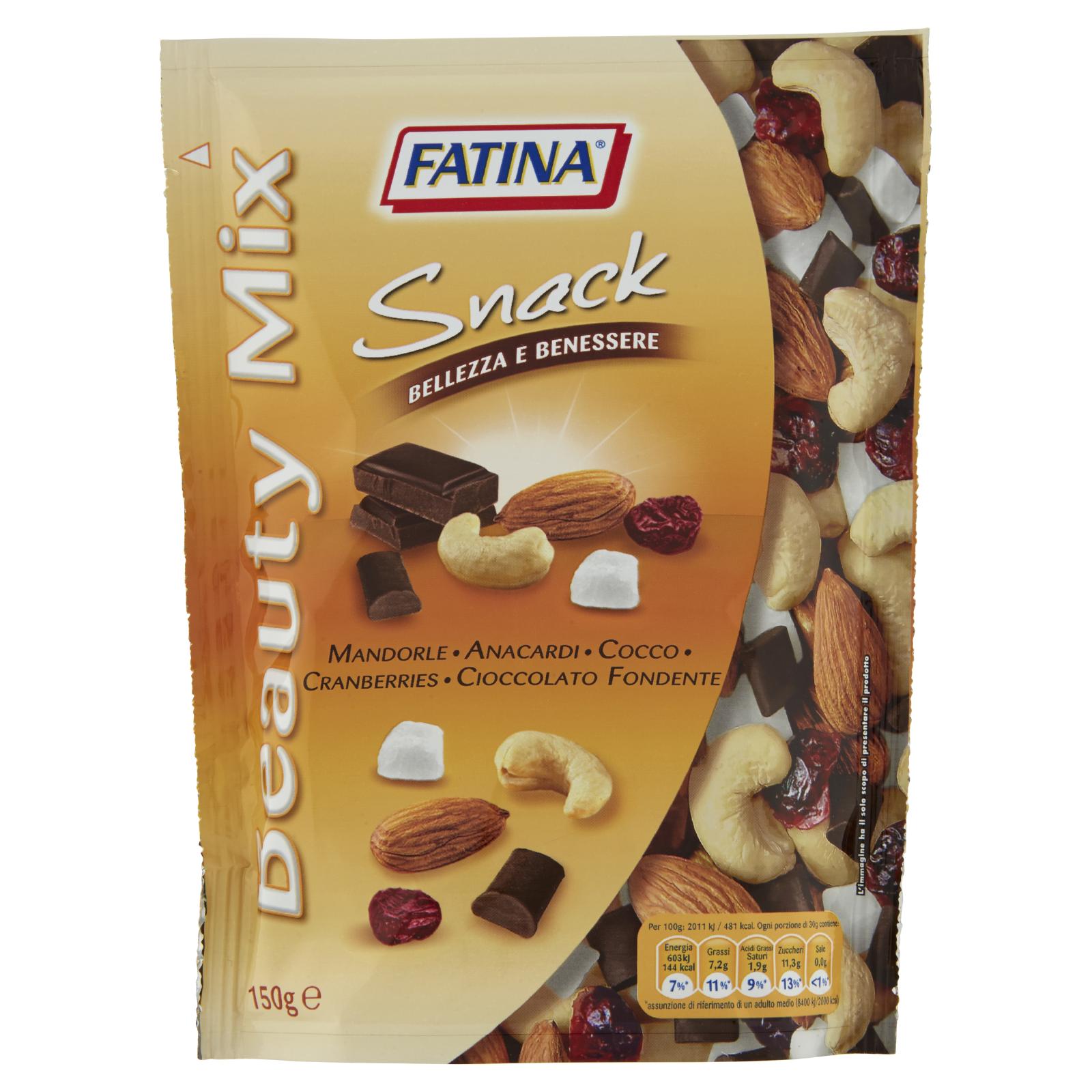 Fatina Snack Fitness Beauty Mix con Mandorle, Anacardi, Cocco, Cranberries e Cioccolato Fondente 150g